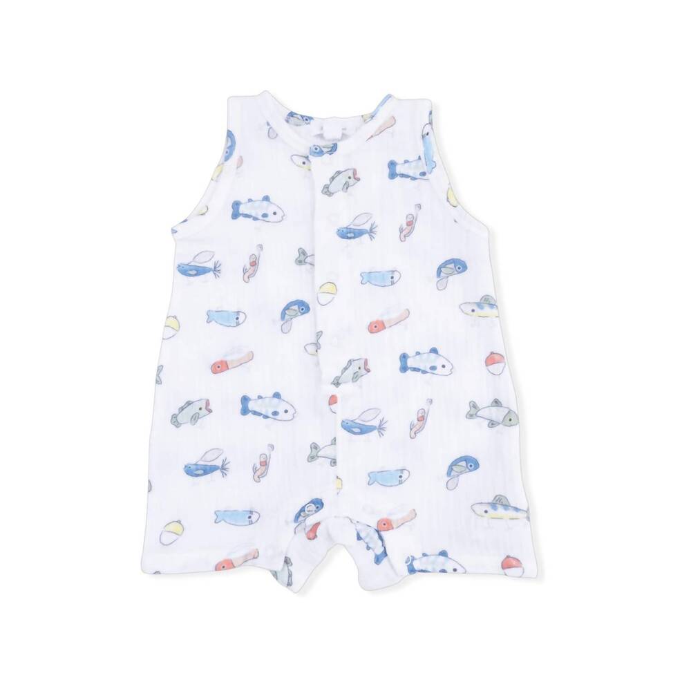 NEW ANGEL DEAR kids fishing lures muslin sleeveless shortie romper in white